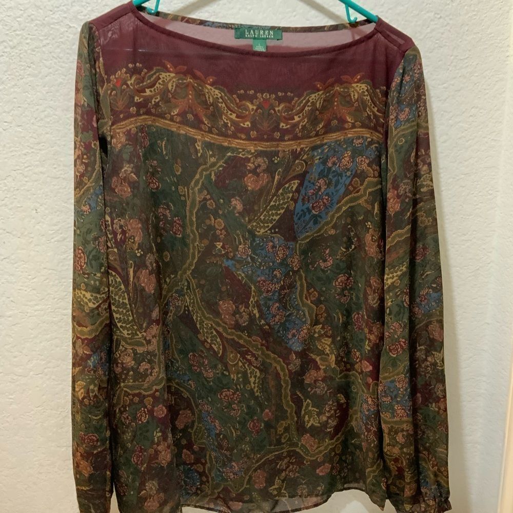 Lauren Ralph Lauren Women See-Through Floral Long Sleeve Blouse Size L - Picture 2 of 6